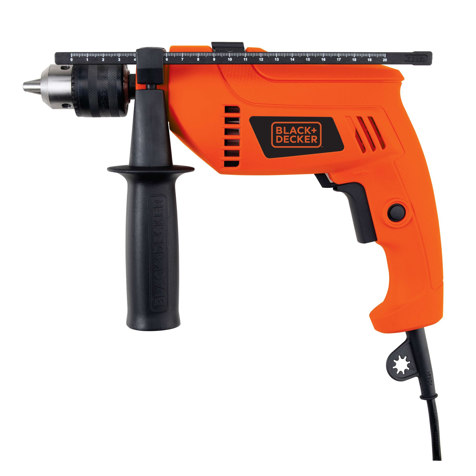 An orange BLACK+DECKER electric drill with a side handle and depth gauge attachment. The drill is corded and has a black trigger and a key for the chuck.