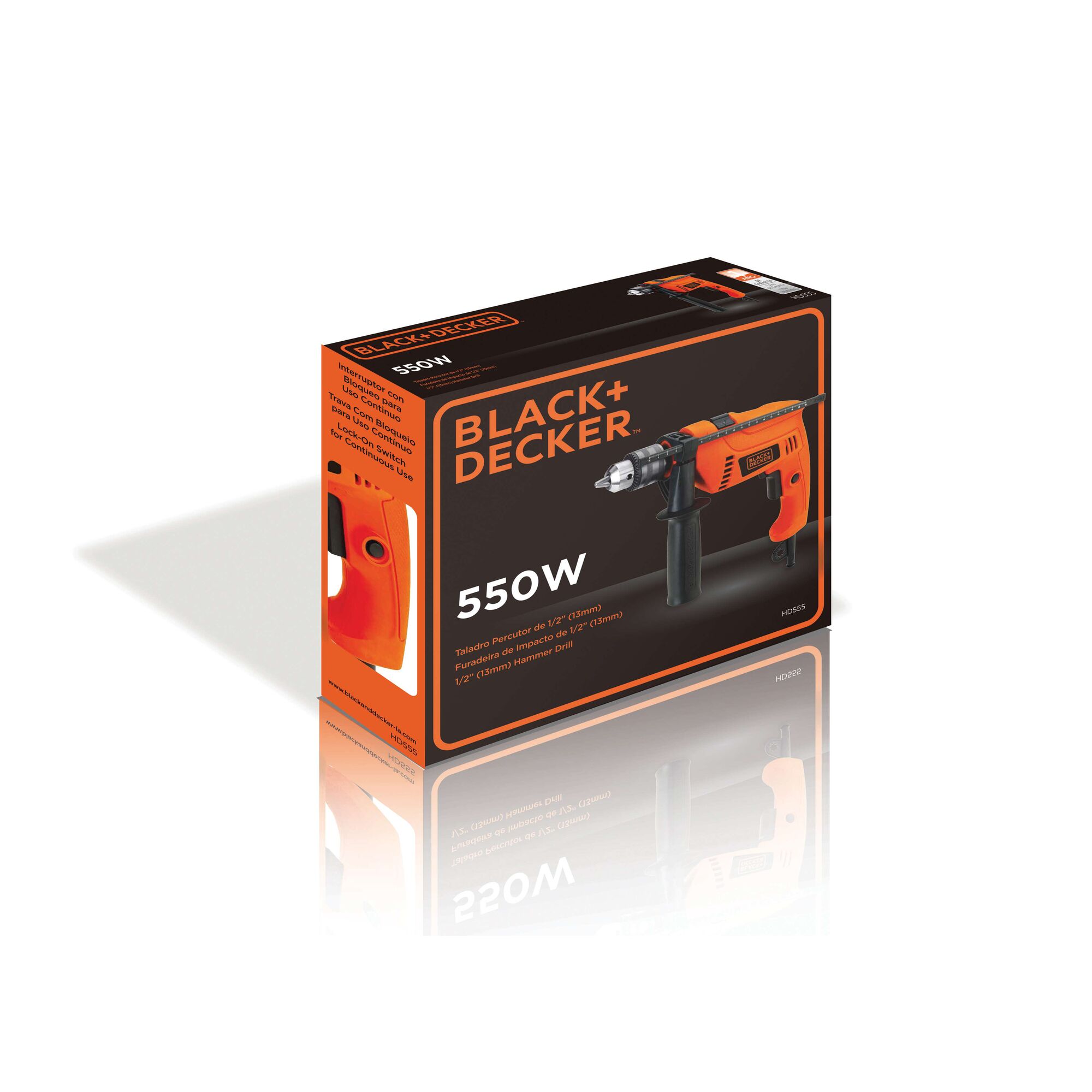A product box for a BLACK+DECKER 550W hammer drill, showing an image of the orange and black power tool on the front. The box lists key features and specifications in both English and Spanish.