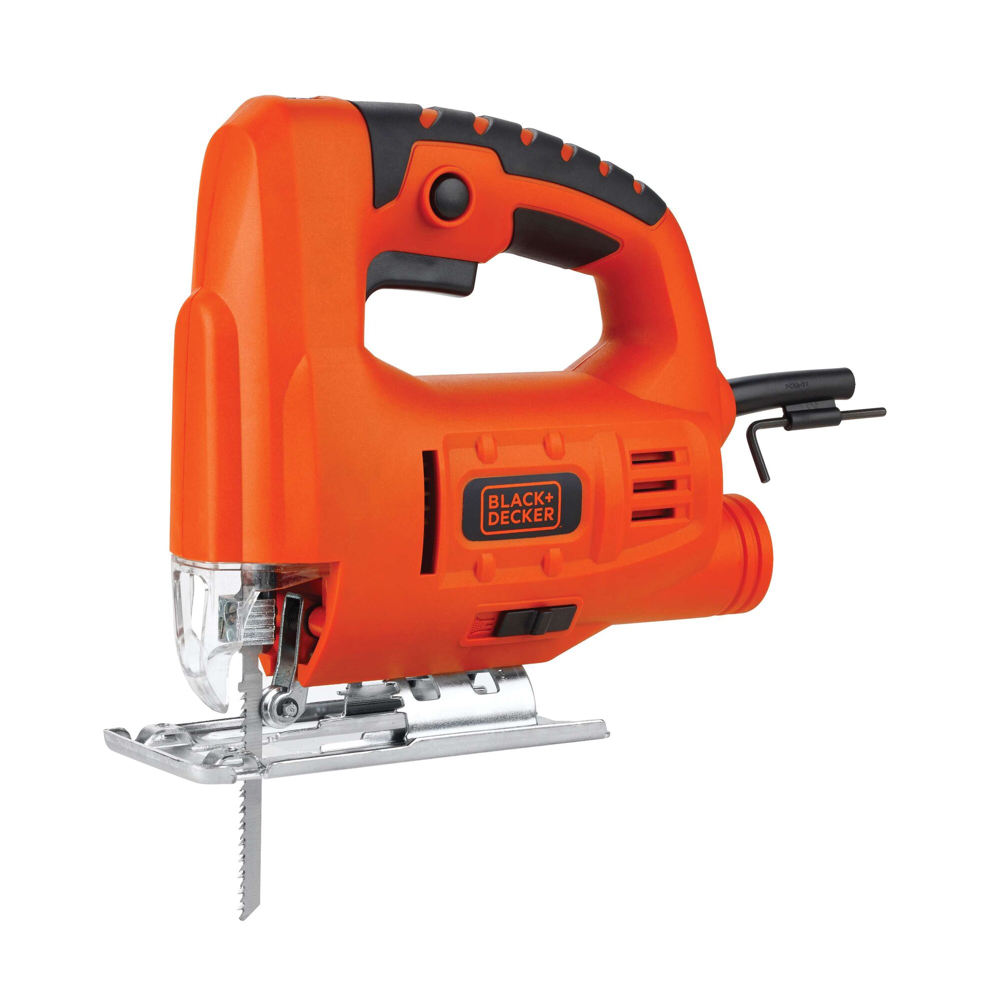 BLACKDECKER JS20 orange corded jigsaw side view on white background, compact handle and metal base.