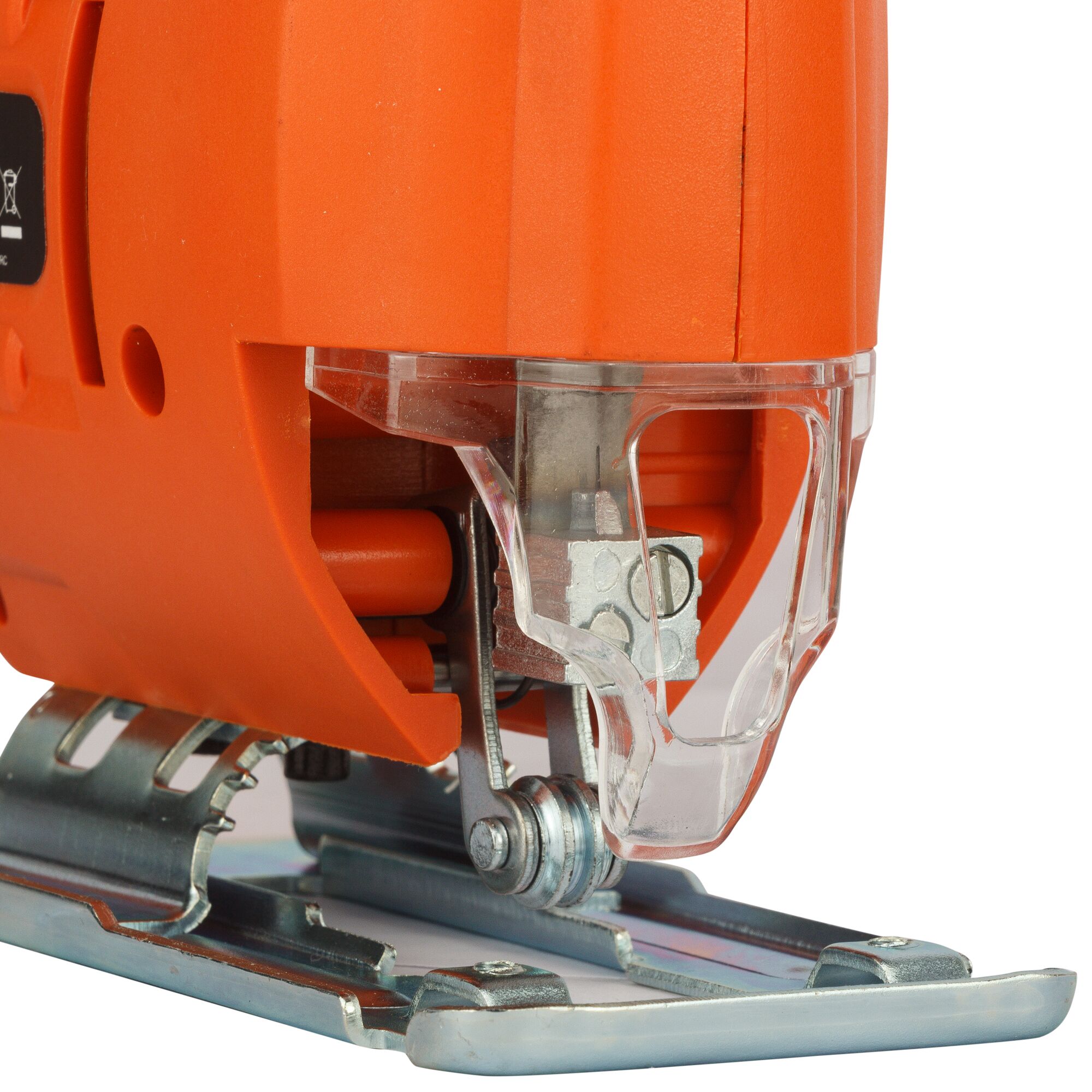 BLACKDECKER JS20 orange jigsaw front angle, metal base and clear blade guard visible.
