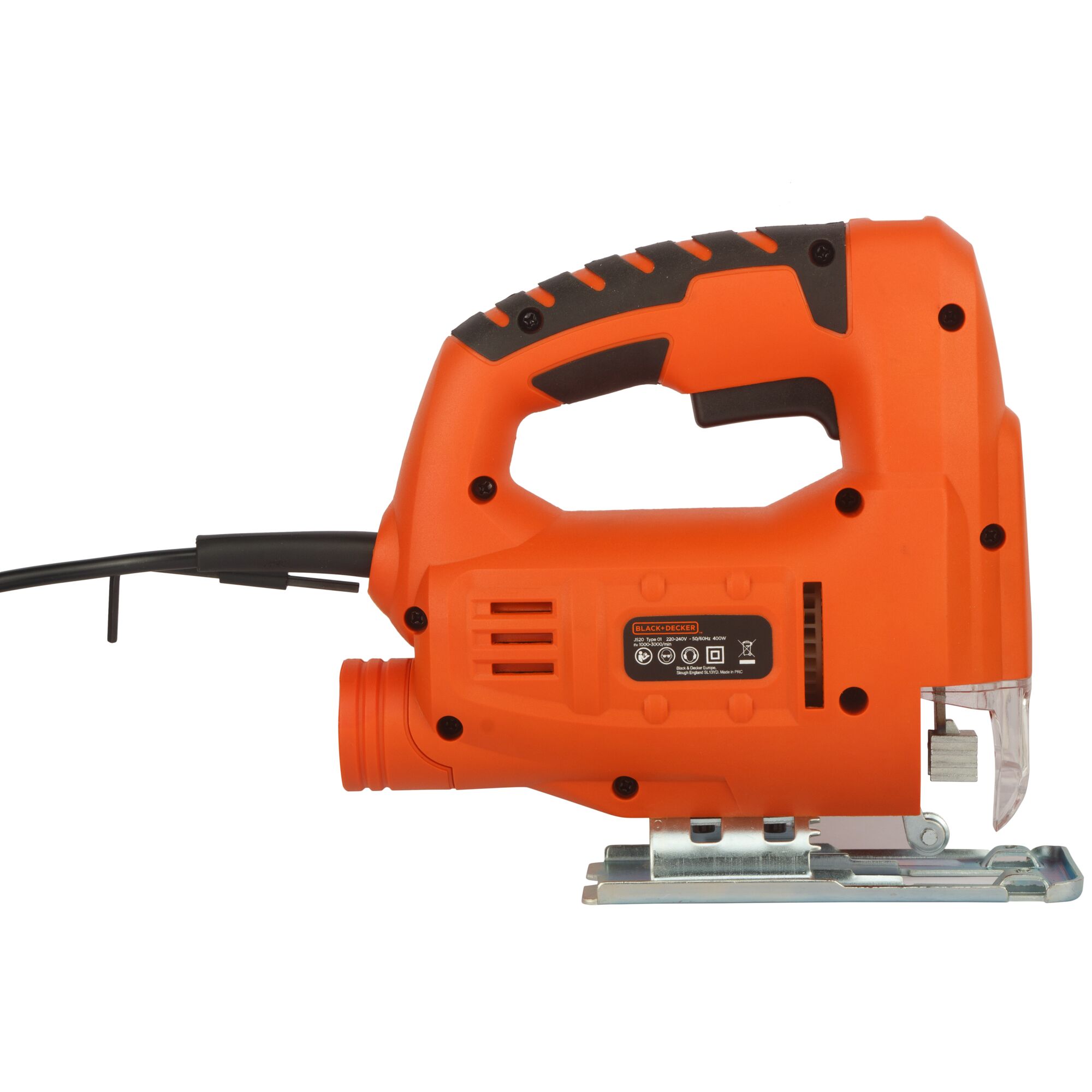 BLACKDECKER JS20 orange corded jigsaw side view on white background.