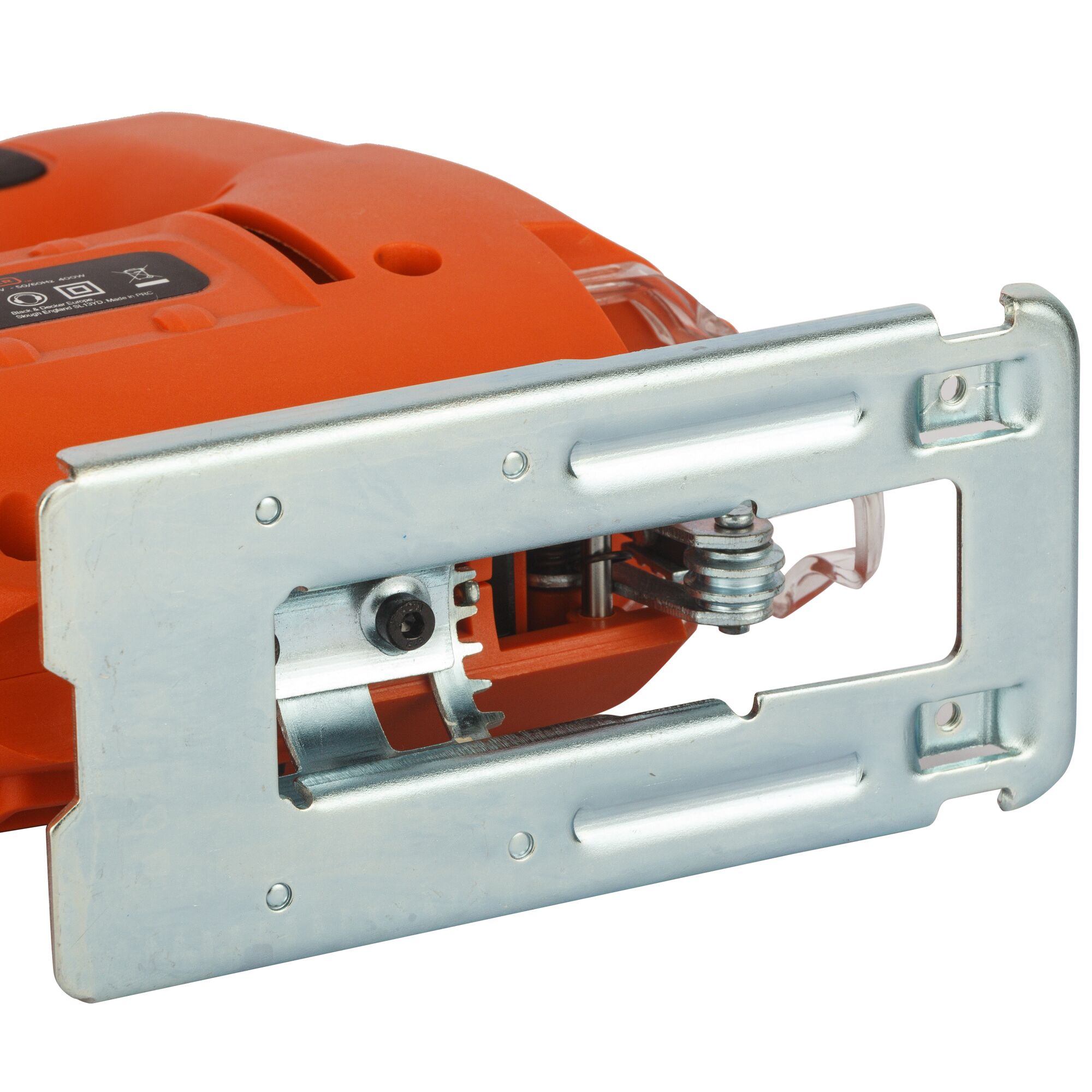 BLACKDECKER JS20 orange jigsaw, close-up of metal base plate, product angle on white background.