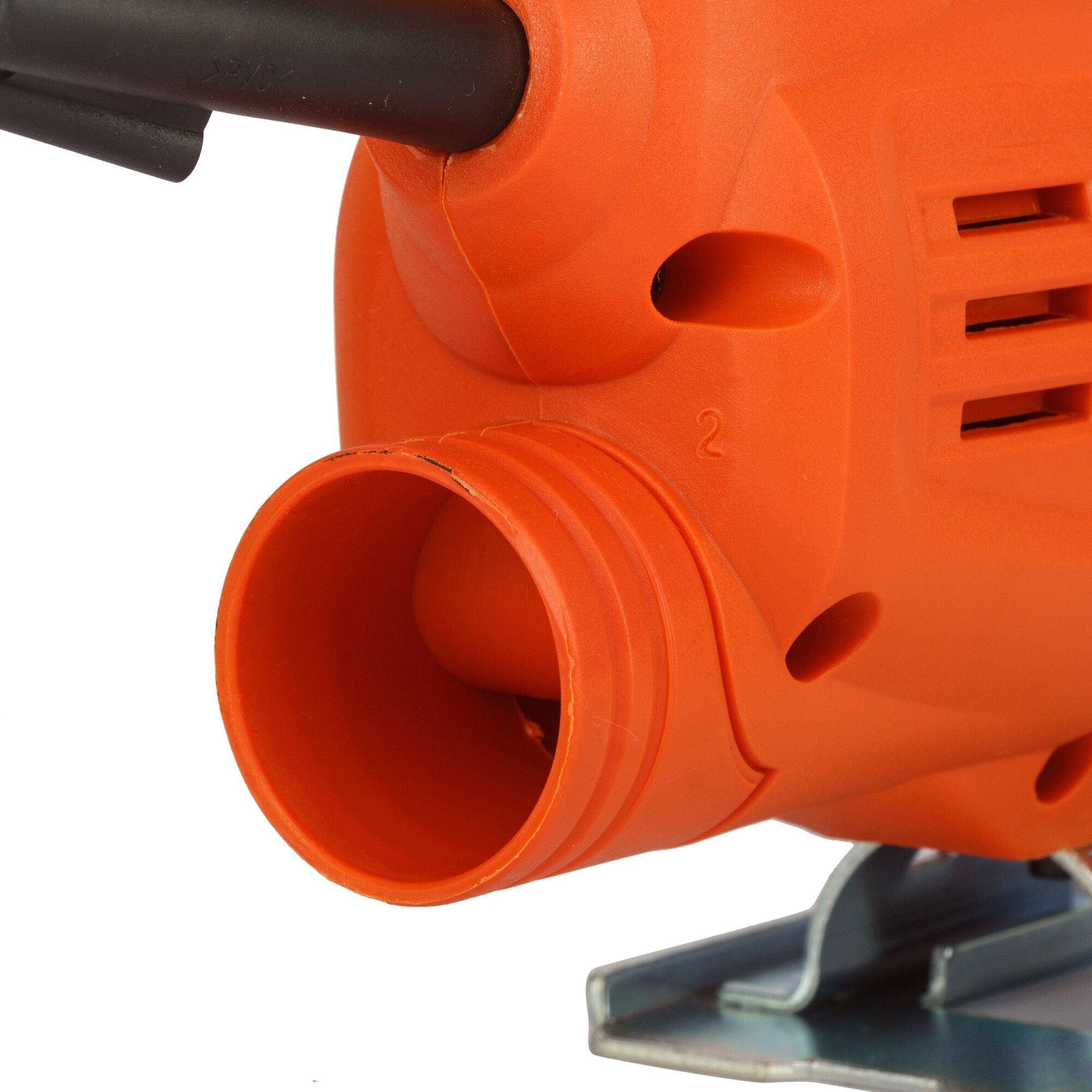 BLACKDECKER JS20 orange power tool close-up, showing vent and hose connector, photography, white background