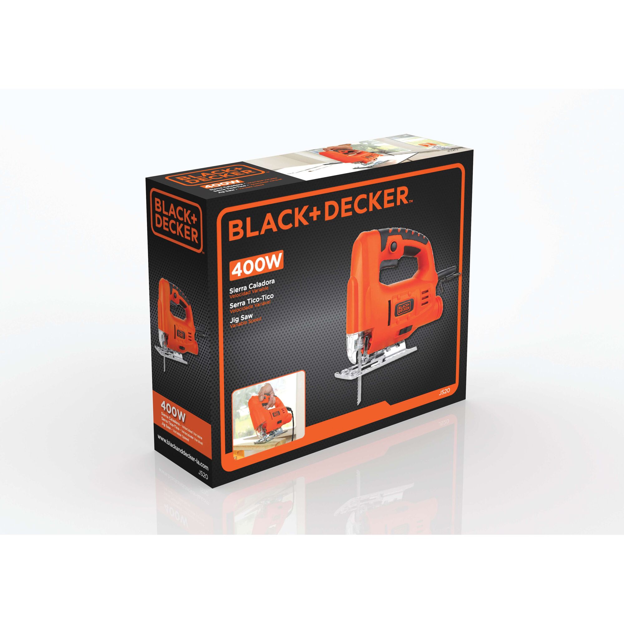 Box of Black+Decker 400W jigsaw, model JS20, featuring an image of the orange power tool on the front. The packaging includes product details and branding.