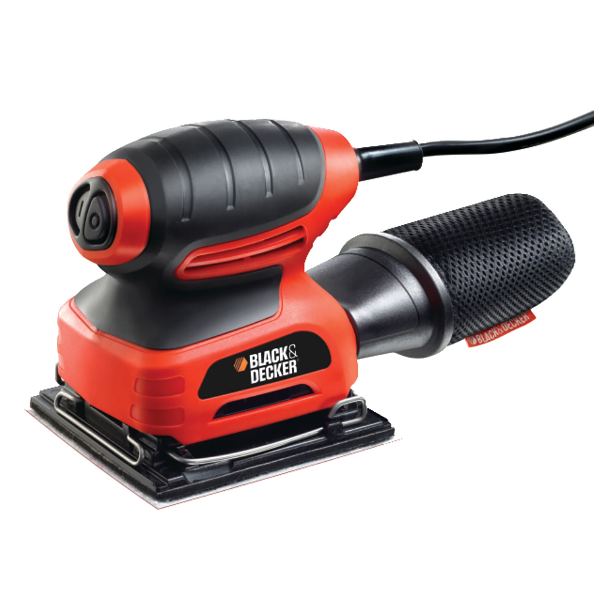 A BLACK+DECKER KA400 electric sander with a red and black design, featuring a rectangular sanding pad and a dust collection attachment.