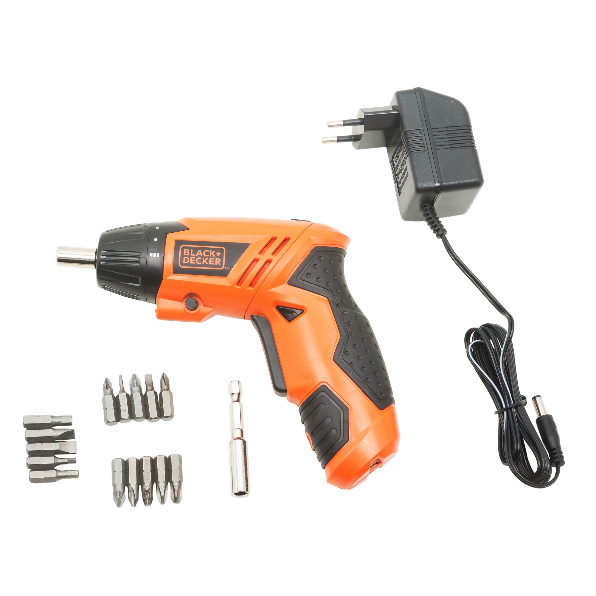 BLACK+DECKER orange and black cordless screwdriver set with multiple interchangeable bits and a charger.
