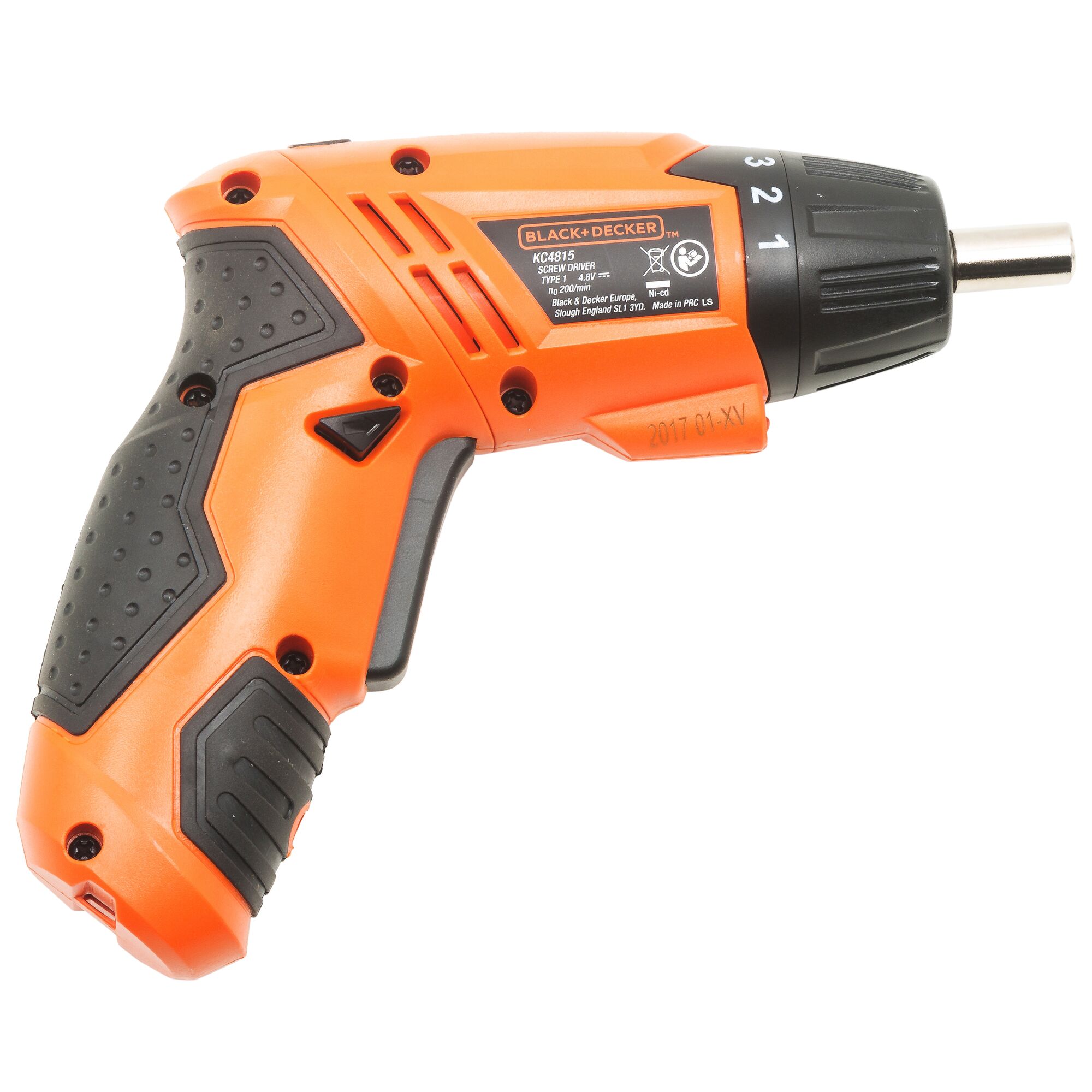 An orange and black cordless electric screwdriver from the brand BLACK+DECKER, model KC4815-IN, with a textured grip and speed adjustment dial.
