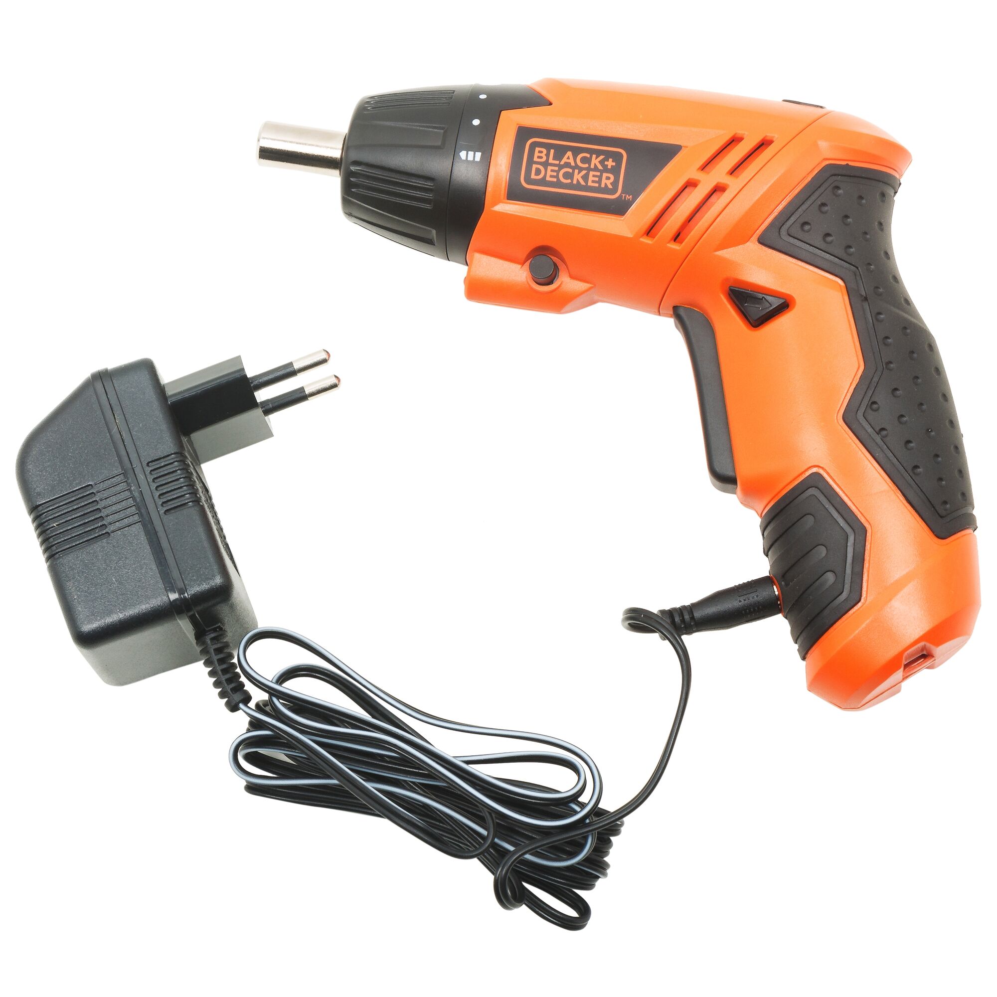 An orange and black BLACK+DECKER cordless electric screwdriver with a textured ergonomic grip, shown connected to a European-style plug charger.