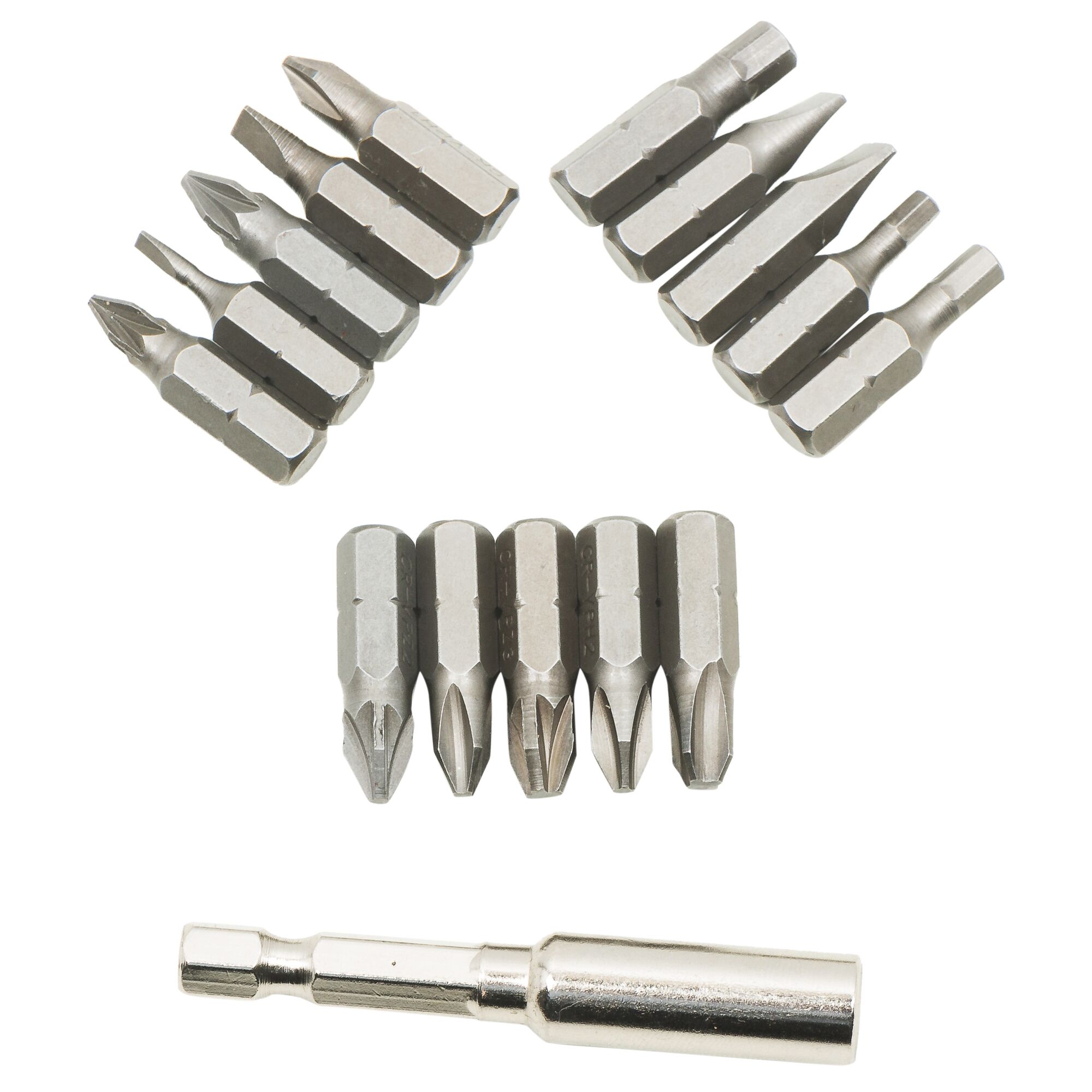 A set of metal screwdriver bits and a bit holder arranged on a white background. The set includes various shapes and sizes of bits for different screw types.