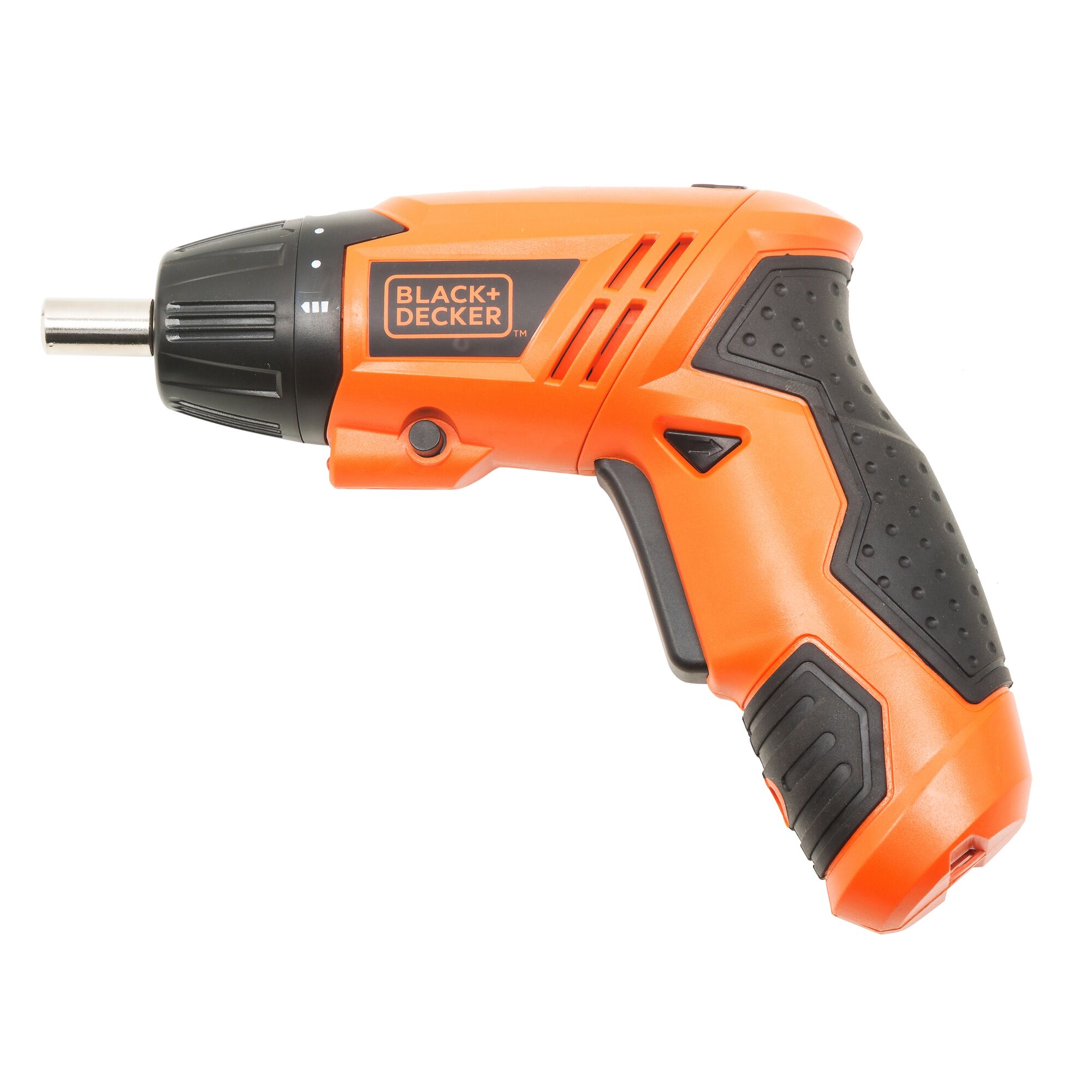 An orange and black BLACK+DECKER cordless screwdriver with ergonomic grip, shown against a white background.
