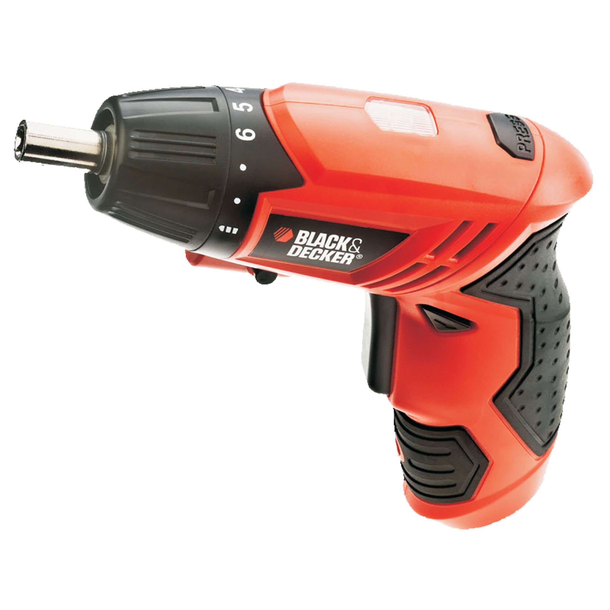 A Black & Decker cordless electric drill with a red and black ergonomic handle, shown from the side.