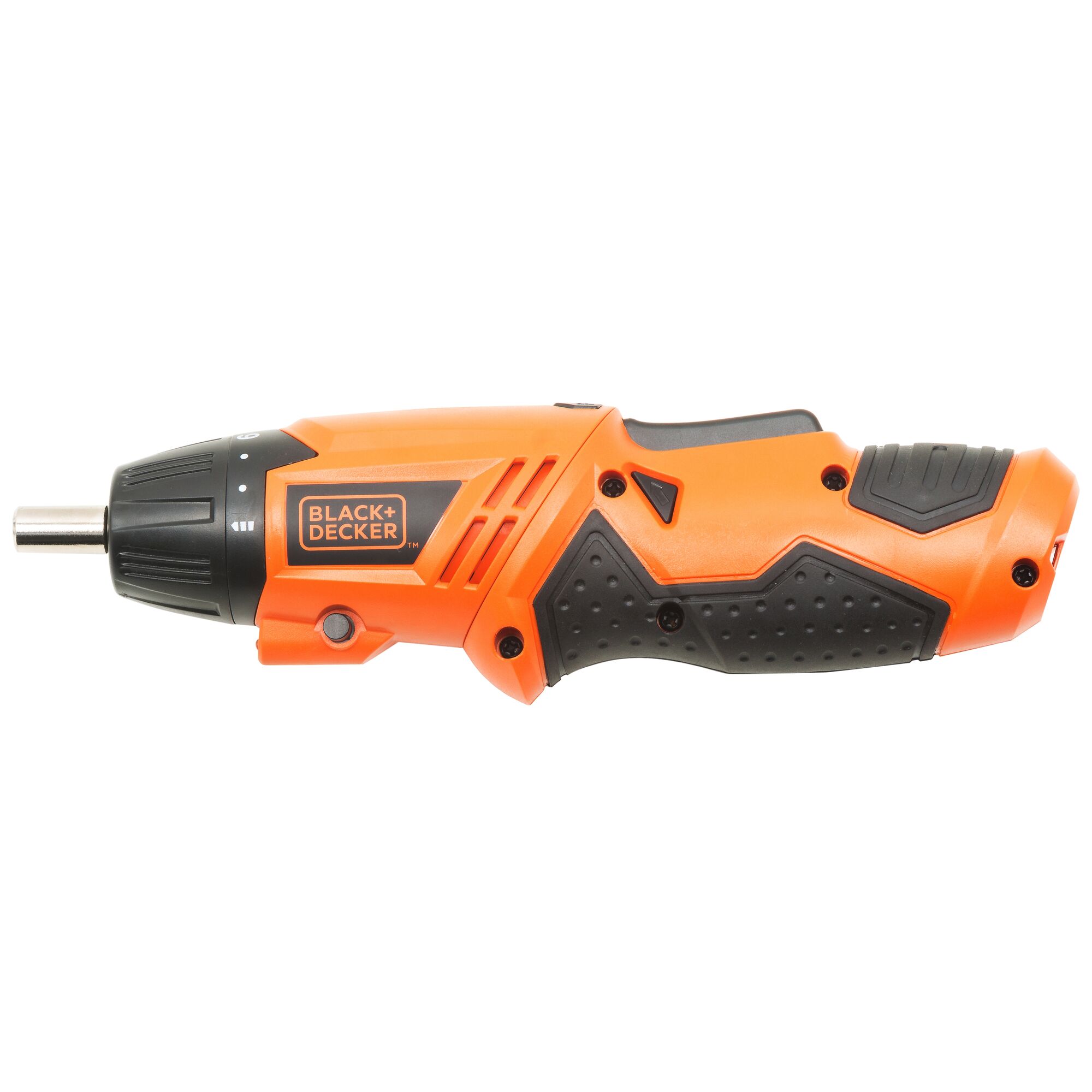 BLACKDECKER KC4815 orange cordless screwdriver, side view, black grip, photography on white background.