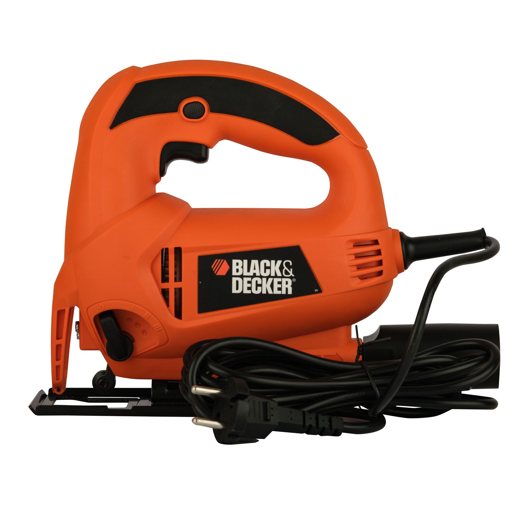 BLACKDECKER KS700PE orange handheld jigsaw saw, side view, with black cord wrapped around base.