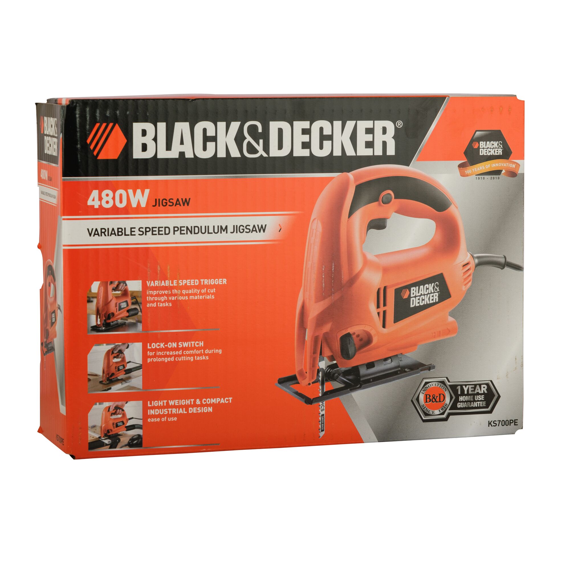 BLACKDECKER KS700PE jigsaw box, orange tool, variable speed, side angle, product details visible.