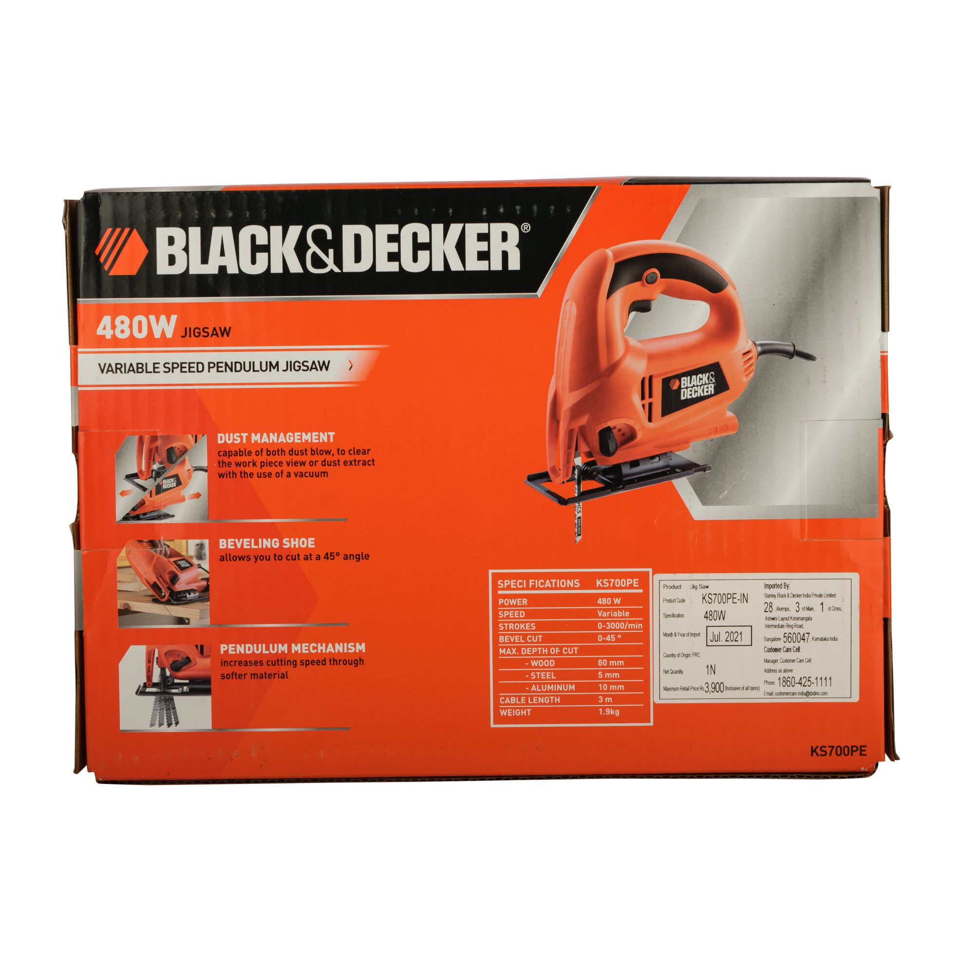 Black+Decker jigsaw KS700PE box, orange packaging, front angle, 480W power, variable speed features shown.