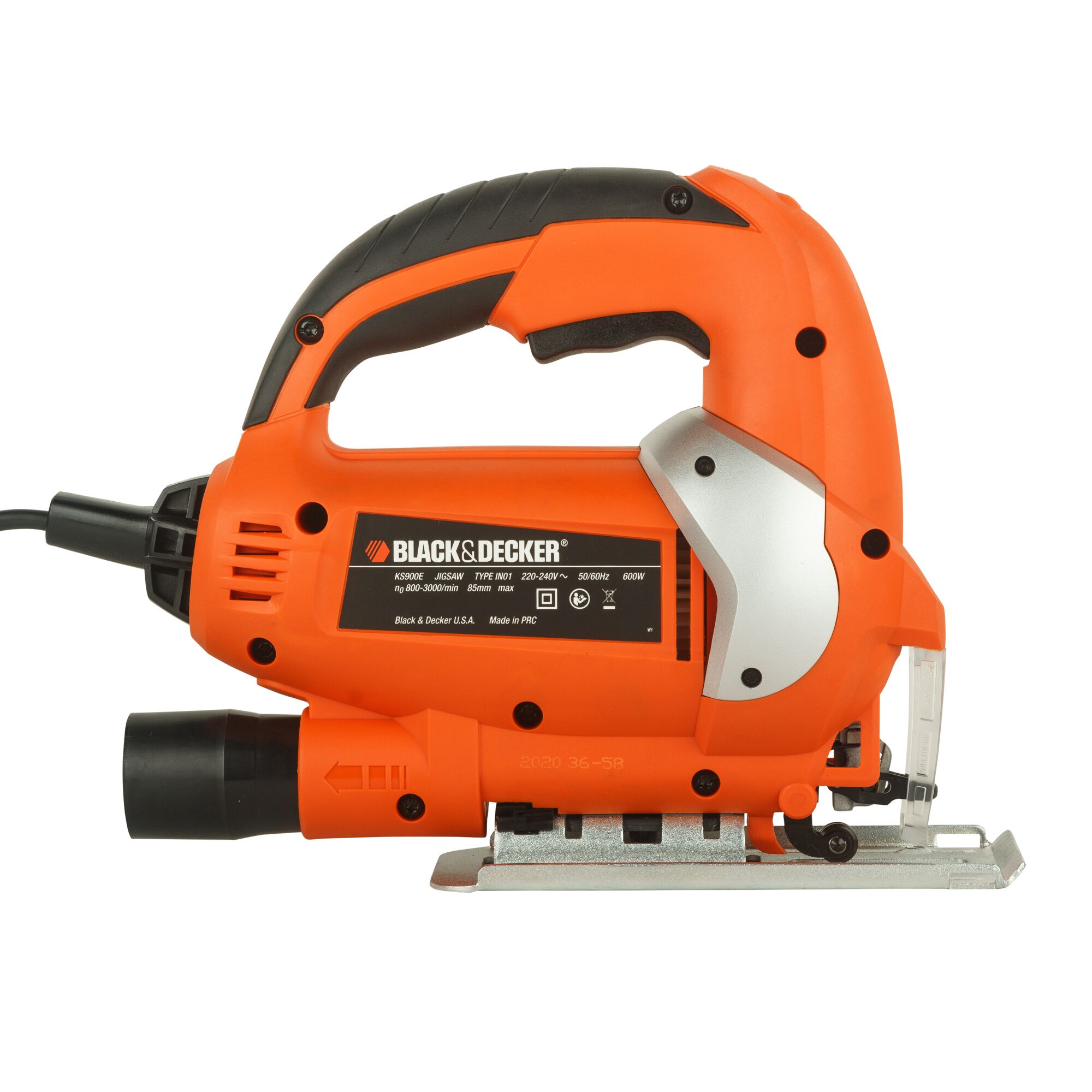 BLACKDECKER KS900EKX orange jigsaw power tool, side angle on white background.