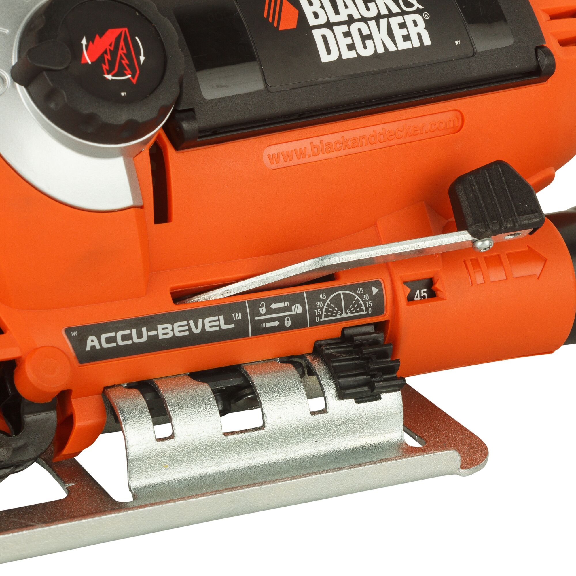 BLACKDECKER KS900EKX jigsaw side angle, orange body, Accu-Bevel feature, metal base, close-up photo.