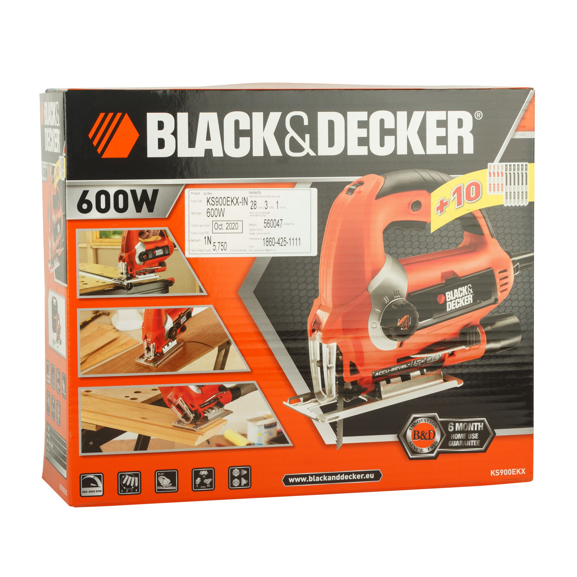 BLACK+DECKER KS900EKX photography of boxed red jigsaw, 600W, front angle, product features and accessories visible.