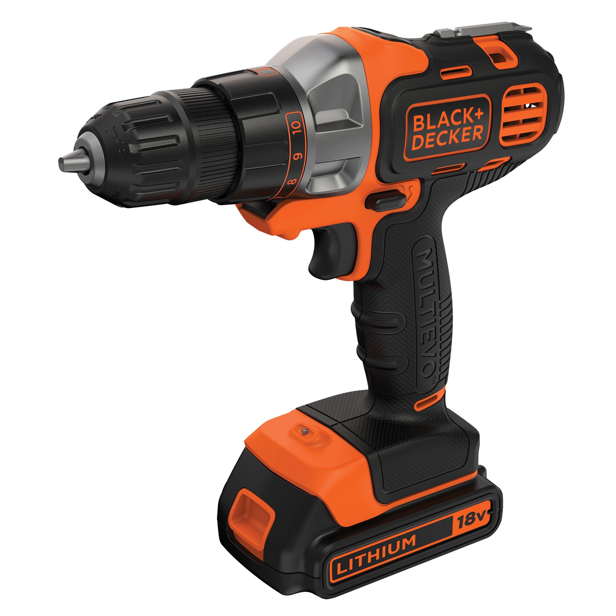 A BLACK+DECKER 18V cordless drill with an orange and black design, featuring a lithium battery and ergonomic handle.