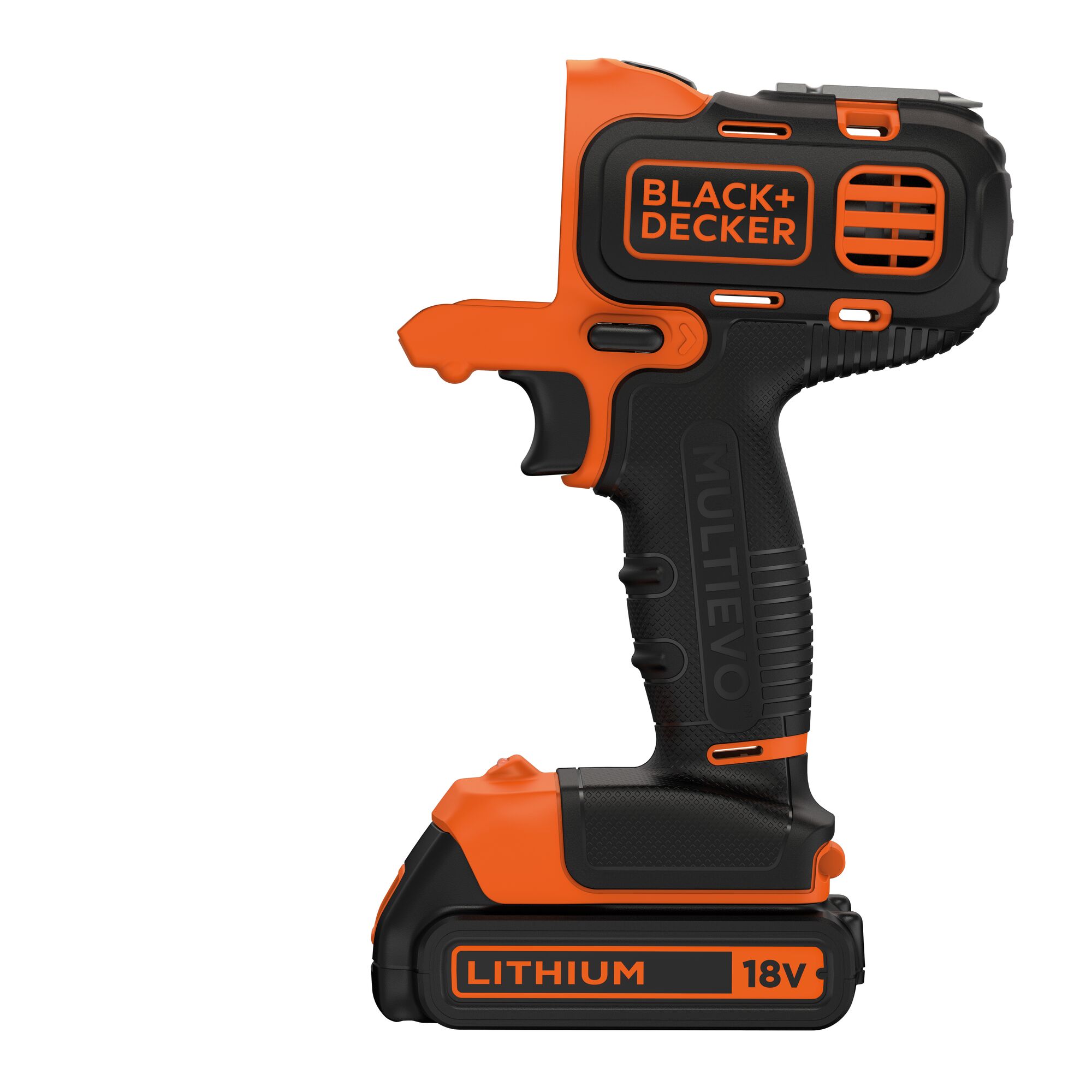 A BLACK+DECKER branded cordless power tool handle with orange and black color scheme, featuring an 18V lithium battery. The tool is part of the MULTIEVO series and is shown without a drill or accessory head attached.