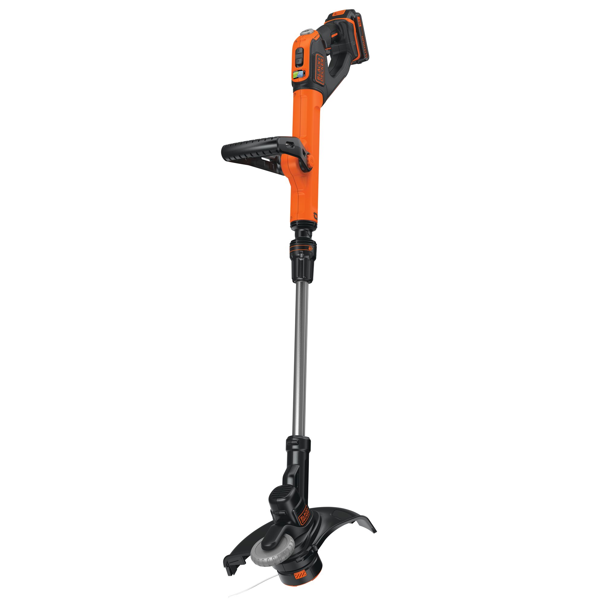 A BLACK+DECKER cordless grass trimmer with an orange and black design, featuring an adjustable handle and a straight shaft.
